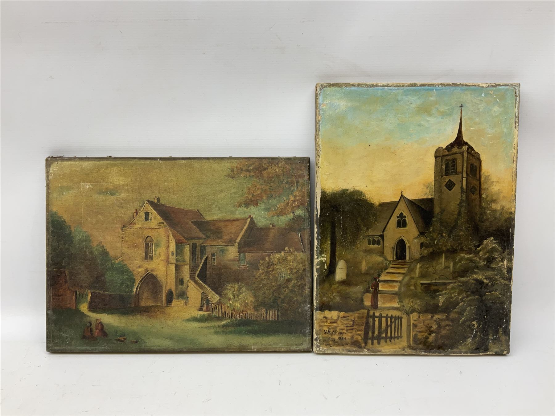 J M Oldroyd (British 19th century): Church with Figure, oil on canvas signed and dated 1894; Michael Langdale (British 20th century): 'Morvah Church', oil on canvas signed and dated '92 together with another 19th century oil of a similar subject and three further pictures of churches max 28cm x 38cm (6)
