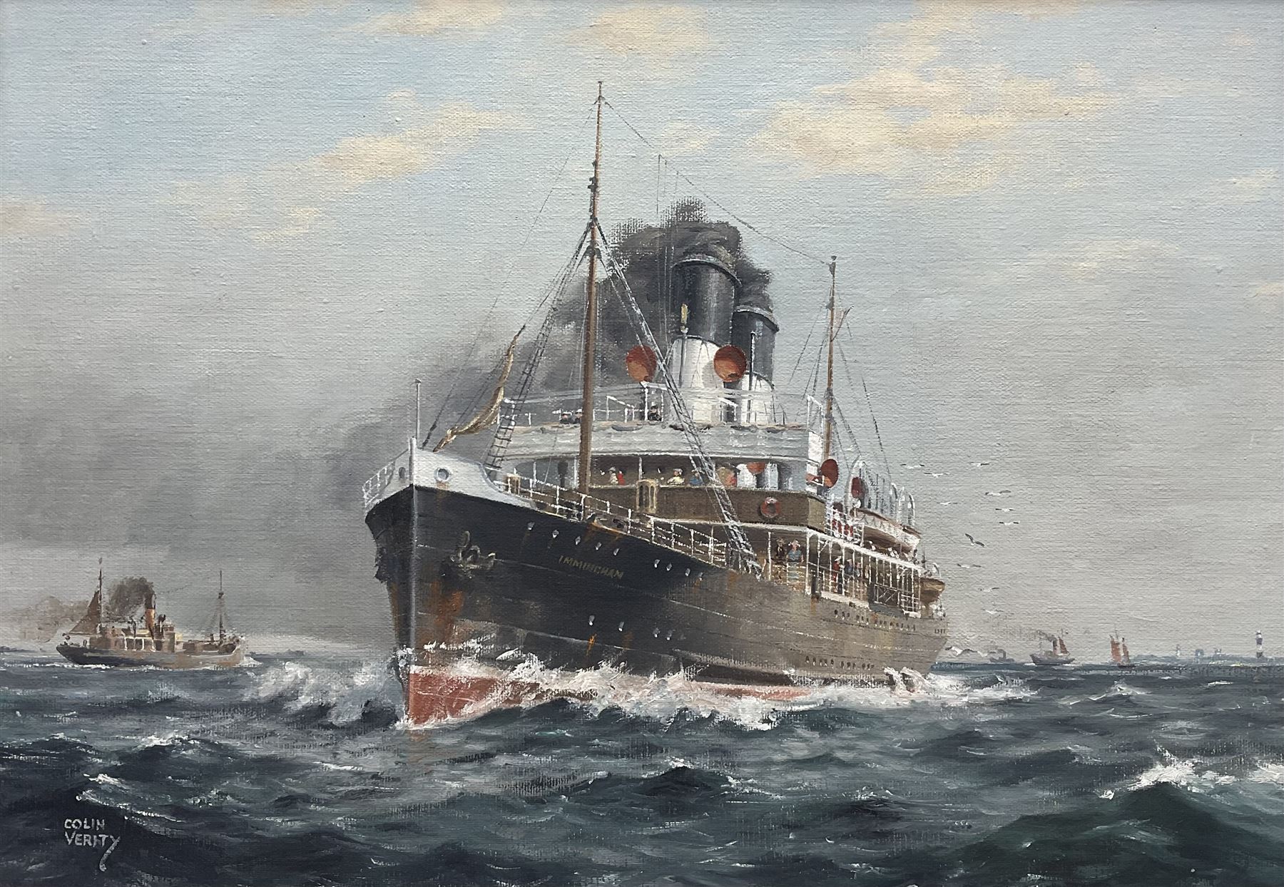 Colin Verity (British 1924-2011): 'Express Packet To Hamburg', the Great Central Railway Company steamer Immingham, oil on board signed, inscribed verso 34cm x 49cm 
Notes: Immingham, built by Swan Hunter of Wallsend and launched on 8th May 1906, was one of two 18 knot steamers commissioned by the GCR for the Grimsby-Rotterdam route, alongside Marylebone.
The ship's Parsons steam turbines were direct-drive units that proved uneconomic, and both vessels were soon rebuilt as single-screw steamships with the funnels of each reduced in number from two to one. She was requisitioned in 1915 by the Admiralty for Royal Navy use as a stores carrier and renamed HMS Immingham. She sank on 6th June 1915 after a collision with the boom defence vessel HMS Reindeer in the Mediterranean Sea, whereas Marylebone was maintained for another twenty years before being scrapped in 1938.
