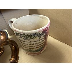 19th century and later ceramics, including Sunderland lustre mug, with agricultural scene and quote, together with lustre teapot and jugs, bowl with silver rim, Sampson dish, English blue and white tea bowls and saucers, blue and white tile, etc