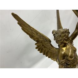 After Oswald Schimmelpfennig (German, 1872-1939): Pair of gilt bronze winged Allegorical female figures, the first example with arm outstretched holding a branch, signed 'Schimmelpfennig 1900', the second with arm raised above her head holding a book and sword in the other, both raised upon marble plinths, H45cm