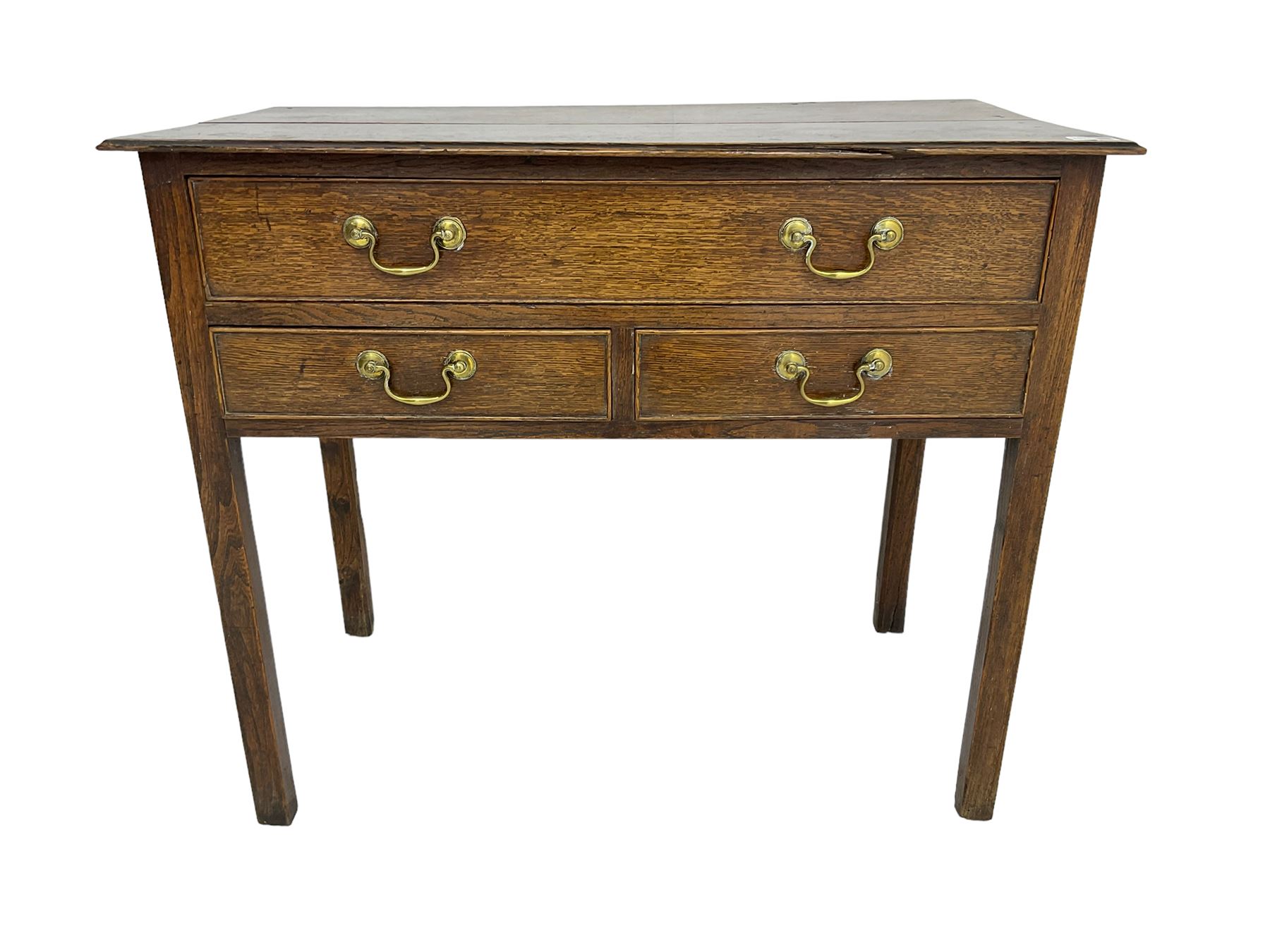 Georgian oak lowboy, rectangular moulded top over three drawers, on square supports