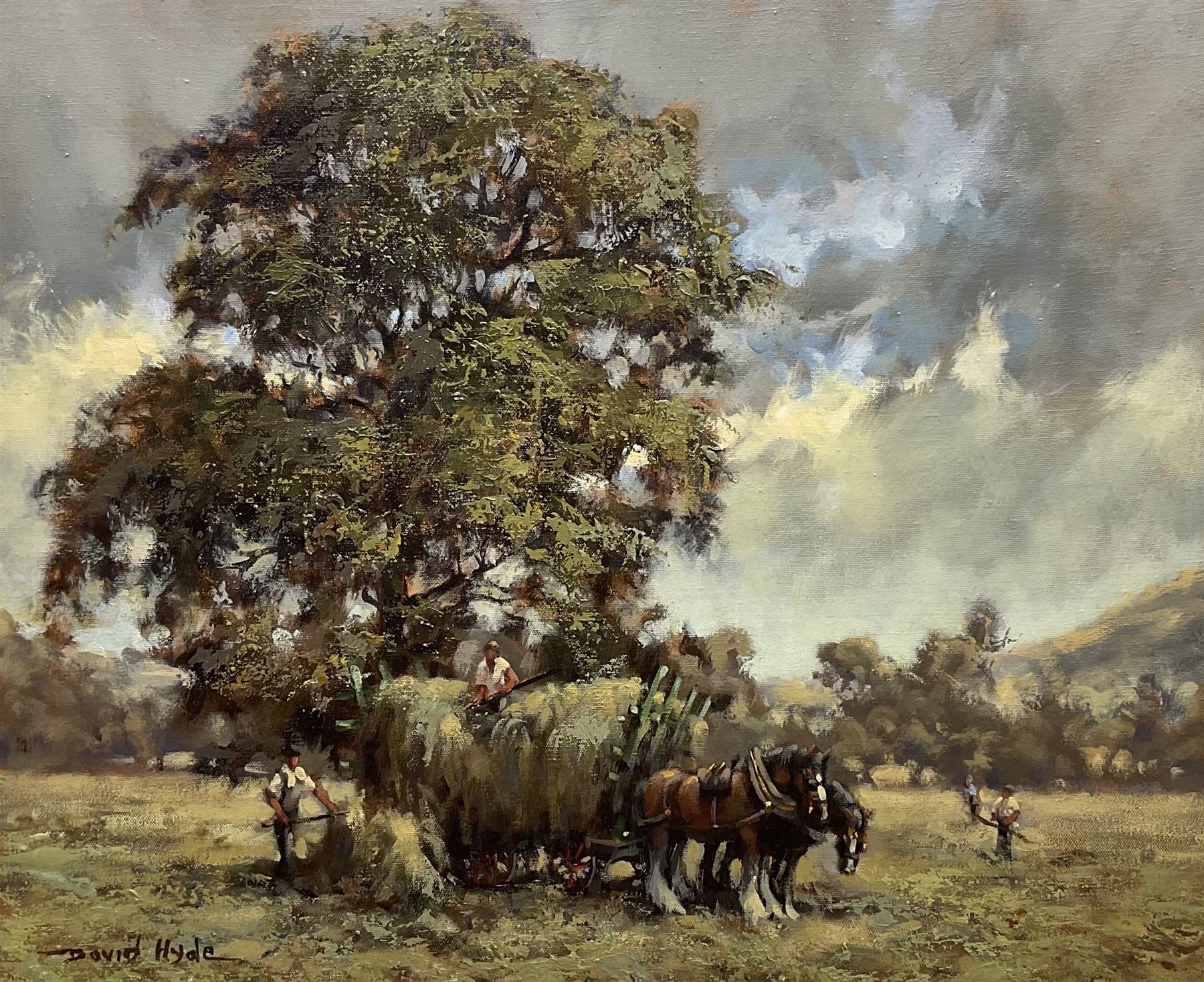 David Hyde (British 1949-): Harvest Scene with Shire Horses, oil on canvas signed 49cm x 59cm