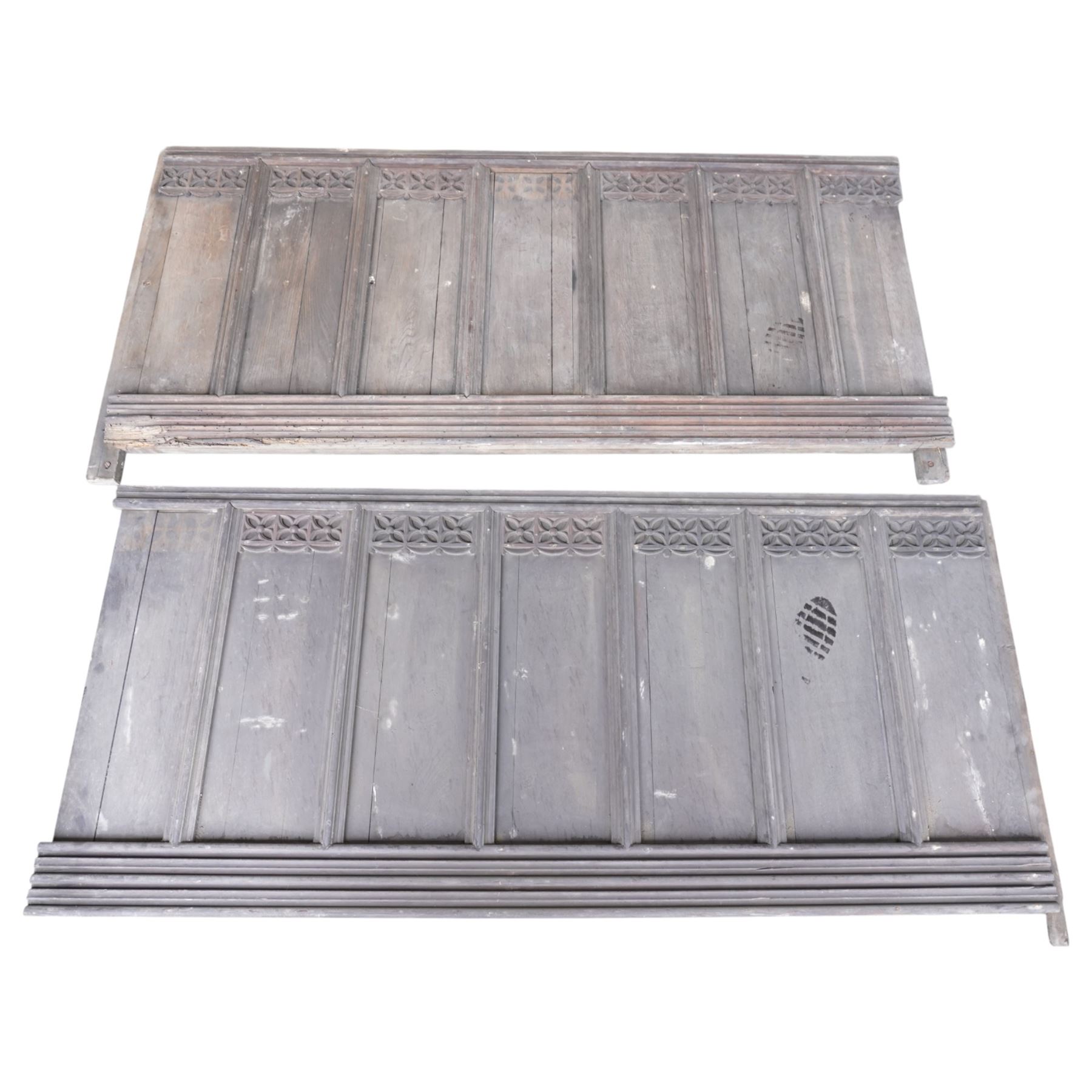 Architectural Salvage - Quantity of 19th century oak and pine church panelling including large bowed panel, others with carved decoration etc
Note: Removed in the 19th century from the church in the grounds of a private Yorkshire estate 
Provenance: property of a Nobleman