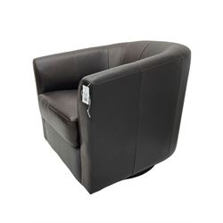 Laura Ashley - tub shaped swivel armchair, upholstered in dark brown leather 