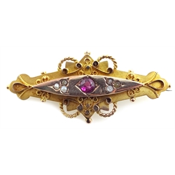  9ct gold seed pearl and amethyst set brooch, Chester 1913  