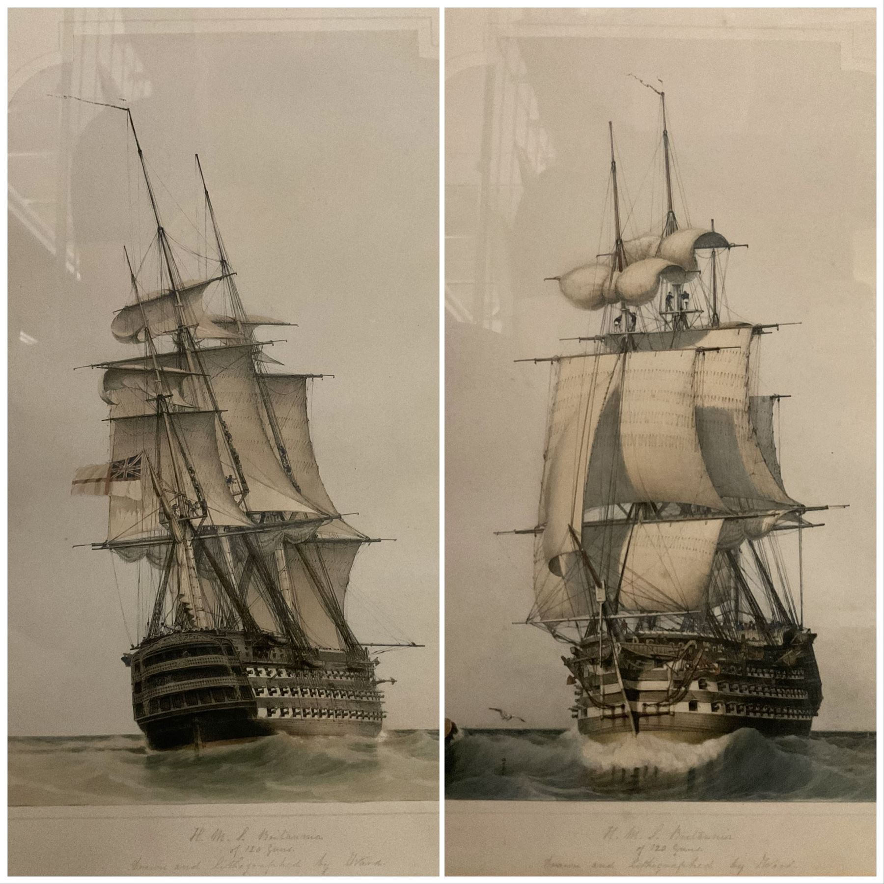 By and after John Ward of Hull (British 1798-1849): 'H M S Britannia of 120 Guns', pair lithographs with hand-colouring signed and titled in pencil 38cm x 25cm (2)