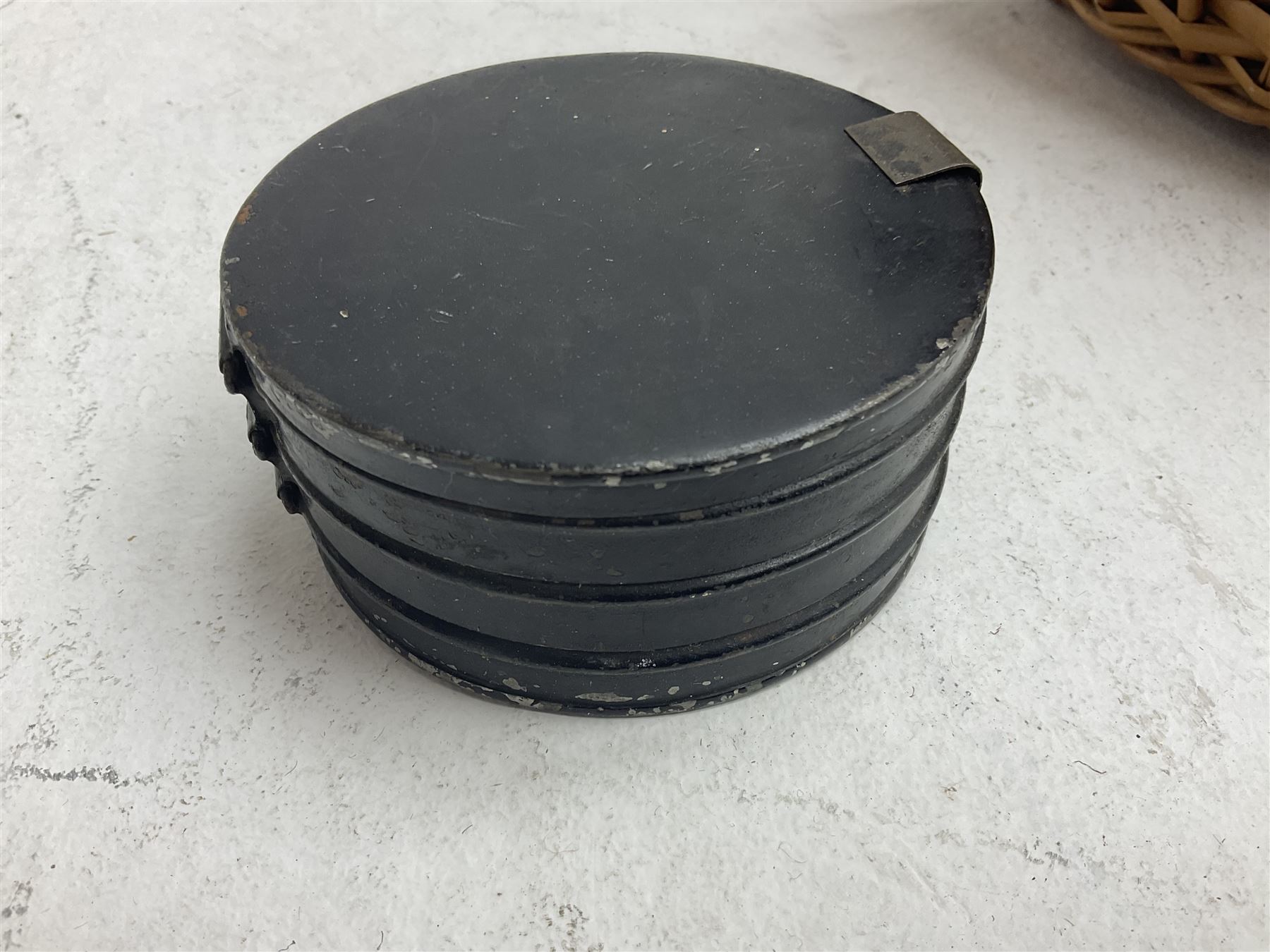 Fishing tackle and accessories housed in two wicker creels, including a landing net, fly tin, small brass reel, other reels to include two Intrepid Boy'o examples, crab lines etc 