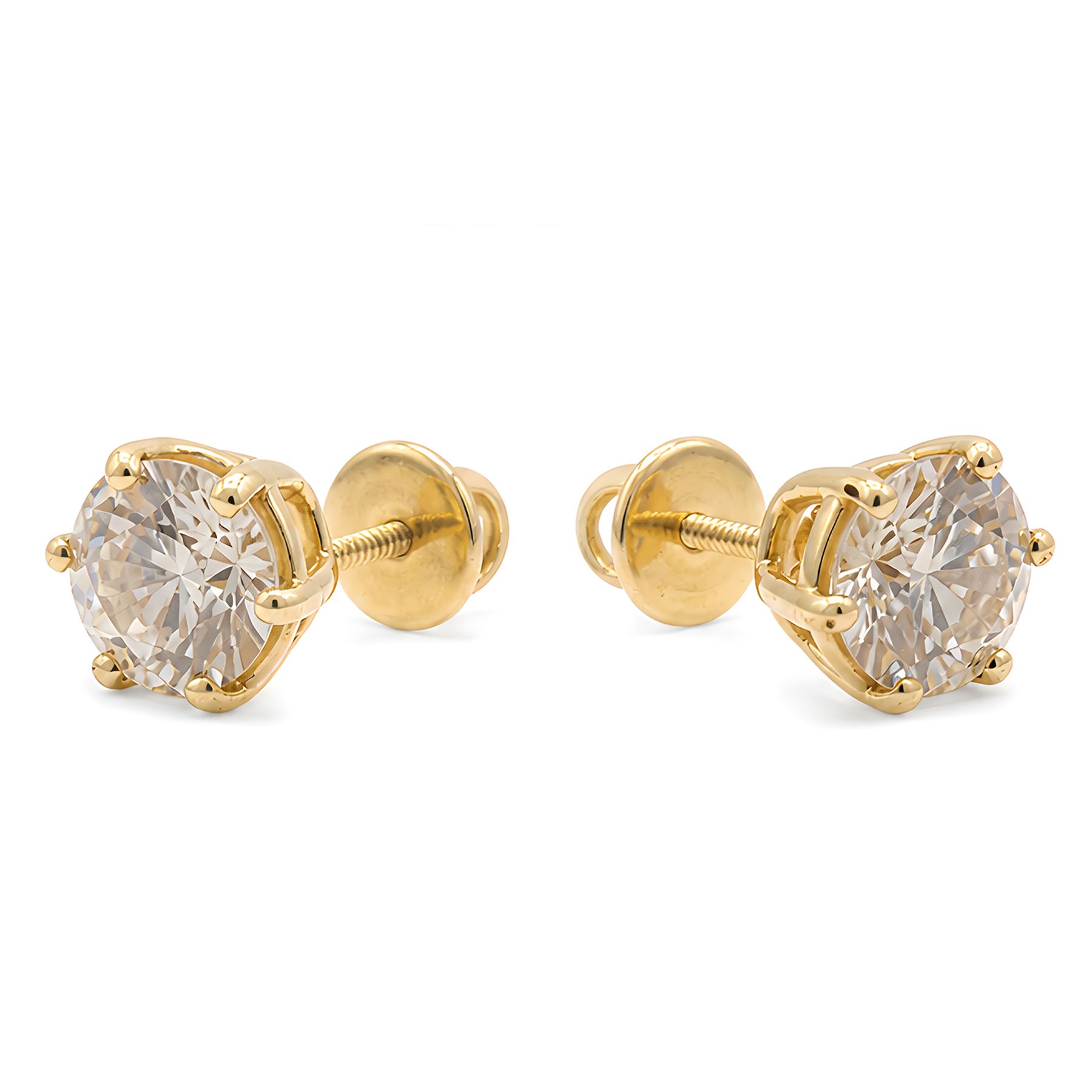 Pair of 18ct gold diamond earrings, each screw back stud set with a single round brilliant cut diamond, total diamond weight approx 3.15 carat