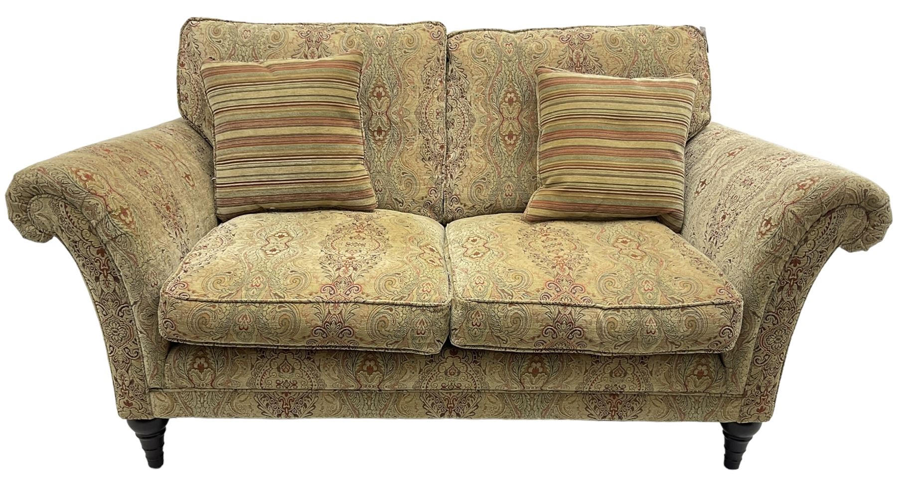 Parker Knoll - 'Burghley' two-seat sofa, upholstered in 'Baslow Medallion' gold floral pattern fabric