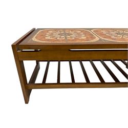 Mid-20th century teak coffee table, rectangular top with inset tiled surface over slatted undertier