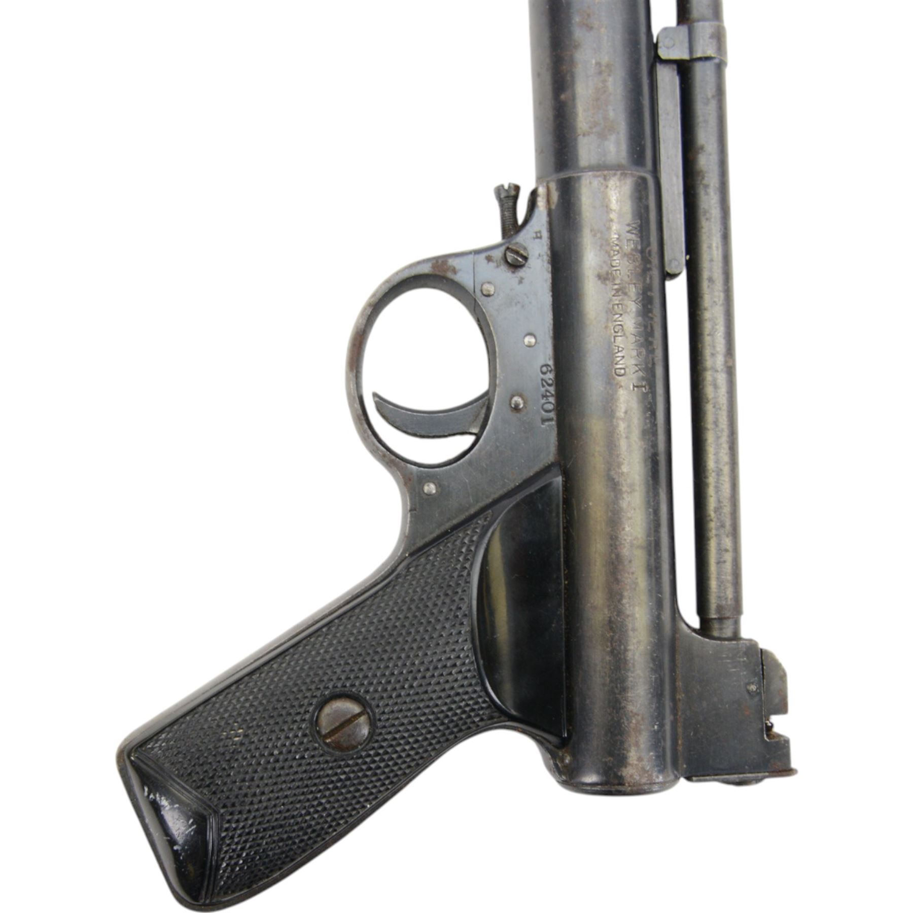 Webley Mark I .177 air pistol, serial number 26401, the air chamber marked 'Webley Mark I Made in England, Webley & Scott Ltd Birmingham Patented Gt Britain No 219872 and all Principle Countries', with checkered grip, H14cm, L19cm

