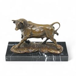 After Antoine Louis Barye - bronze figure of a charging Bull, H13cm 