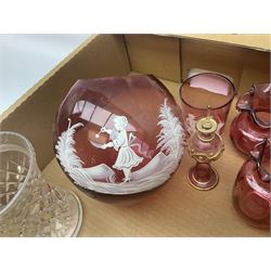  Mary Gregory style glass bowl and glass, together with two cranberry glass jugs, glass vases, glass bowls and covers, etc, two boxes  