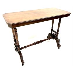 Edwardian walnut oblong occasional table, moulded canted corner top, turned supports joined by stretcher 