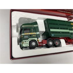 Corgi - three limited edition Hauliers of Renown lorries; CC13715 Scania R Series Topline Houghton Parkhouse 'The Professional' Livestock Transporter Chris Waite Transport; CC13812 Mercedes-Benz Actros Curtainside Eddie Stobart Ltd/Knauf; and CC13911 Foden Alpha Flatbed Trailer & Peat load R.J. & I. Monkhouse Ltd; all boxed with slipcases (3)