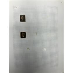 Mostly Great British Queen Victoria stamps, including five 1840 penny blacks four with red and one with black MX cancels, imperf penny reds including examples with MX cancels, perf penny reds, half penny 'bantams', various QV surface printed issues, penny lilac block, 1887-92 unused block of forty-two one halfpenny stamps etc, housed in 'The Paragon Postage Stamp Album