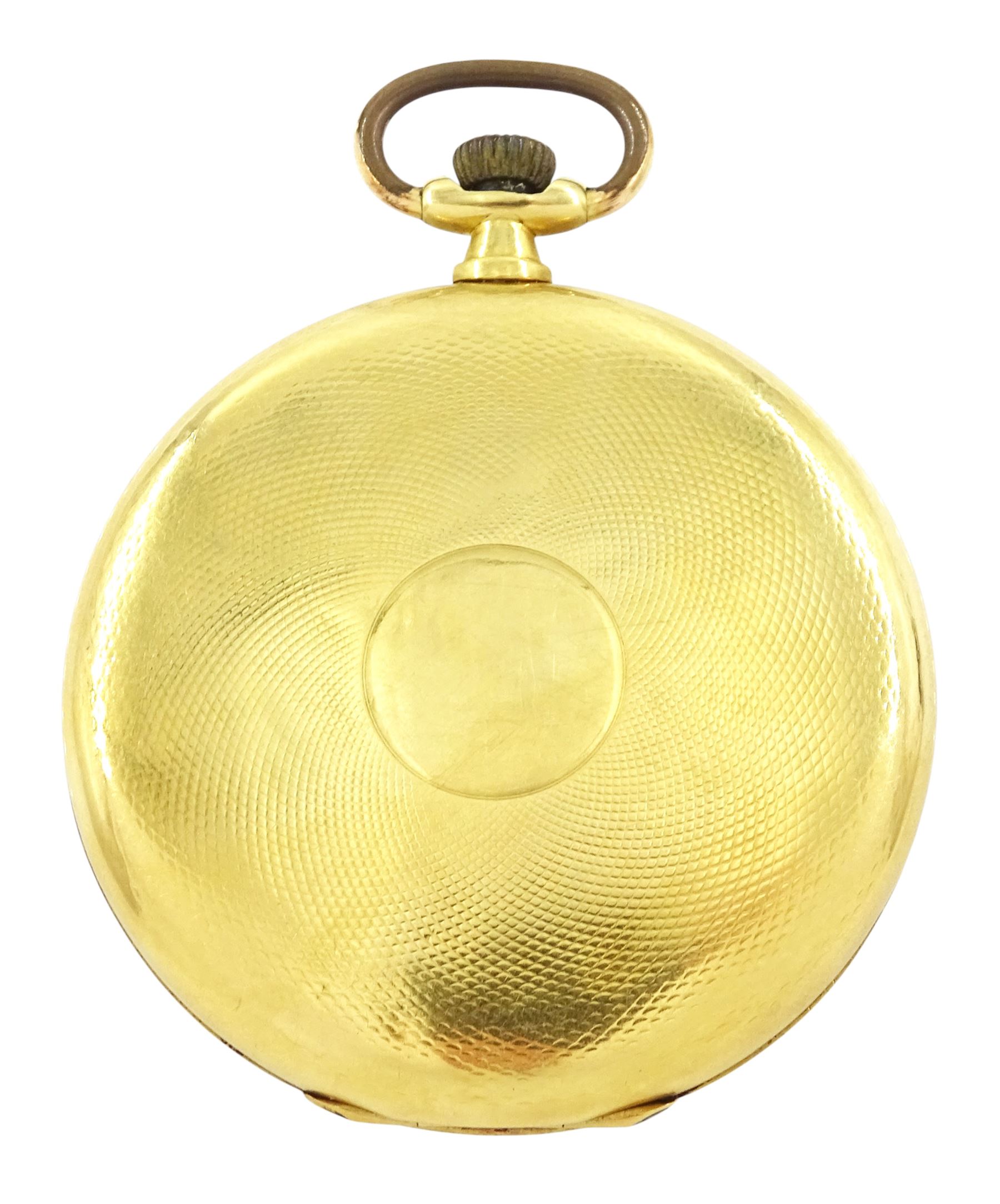 Early 20th century 18ct gold open face Swiss lever pocket watch by Movado, cream dial with Arabic hour markers and subsidiary seconds dial, case with engine turned decoration, stamped 750 with Helvetia hallmark