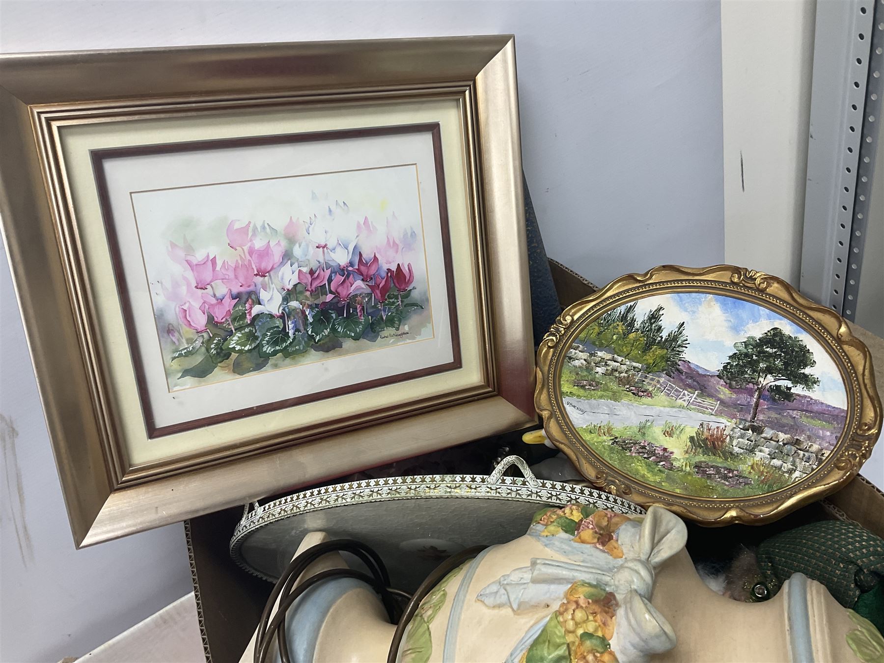 Echt Kobalt tea wares, comprising of tea cup, saucer and dessert plate, together with two Hutschenreuther plates of the month, another similar plate and a Ironstone hatpin holder, 'Gateway to the Moors North Yorkshire' oval oil on board signed by Valerie Barnaby, framed needlework, Leonardo Collection figure group, dressing table set, lamps etc in two boxes