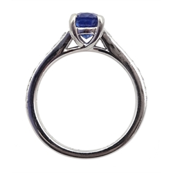 Platinum oval Ceylon sapphire ring, with diamond set shoulders, hallmarked, sapphire approx 1.20 carat