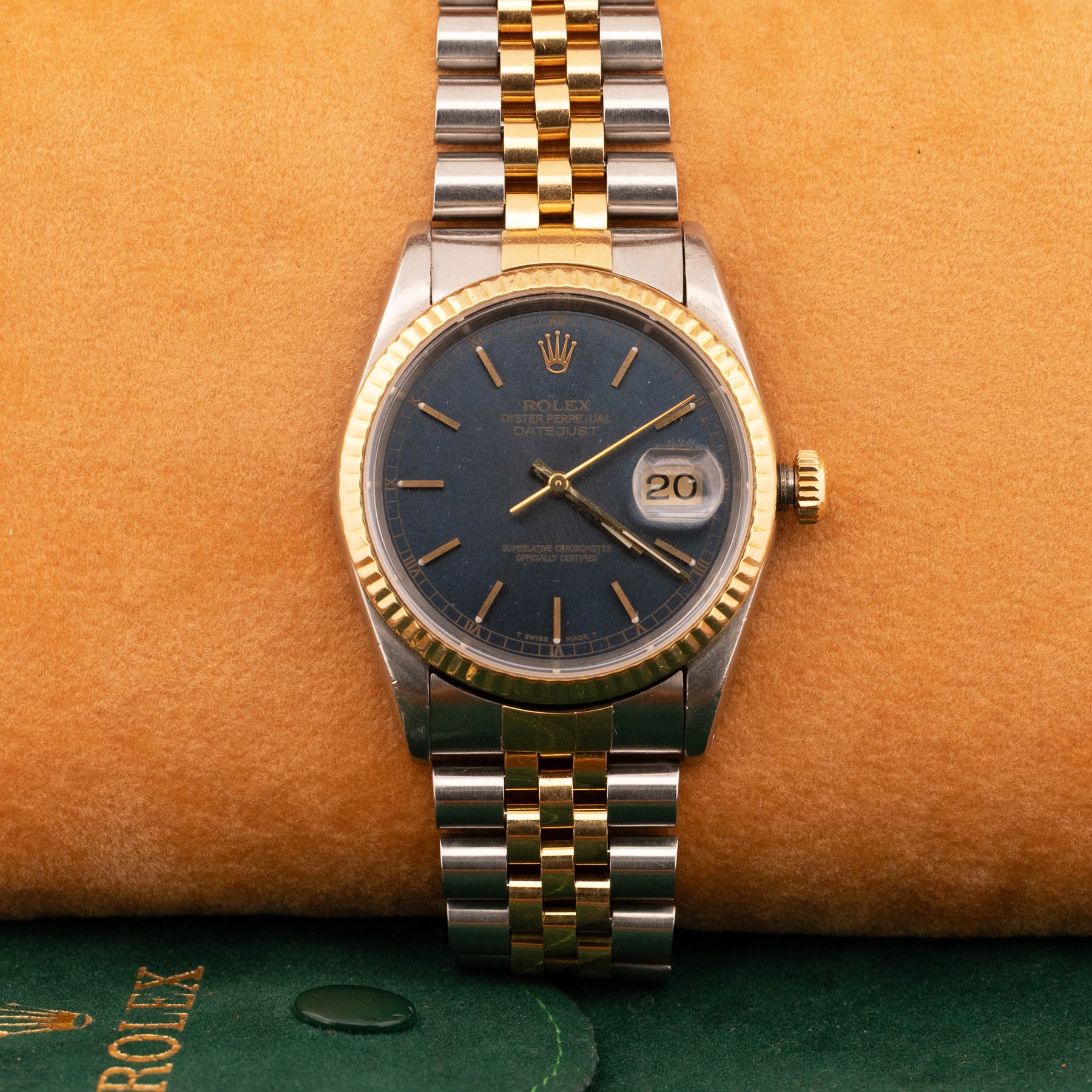 Rolex Oyster Perpetual Datejust gentleman's stainless steel and gold automatic wristwatch, circa 1991, Ref. 16233, serial No. X621666, blue dial with baton hour markers, on Rolex Jubilee stainless steel and gold bracelet, with fold-over clasp, boxed with papers