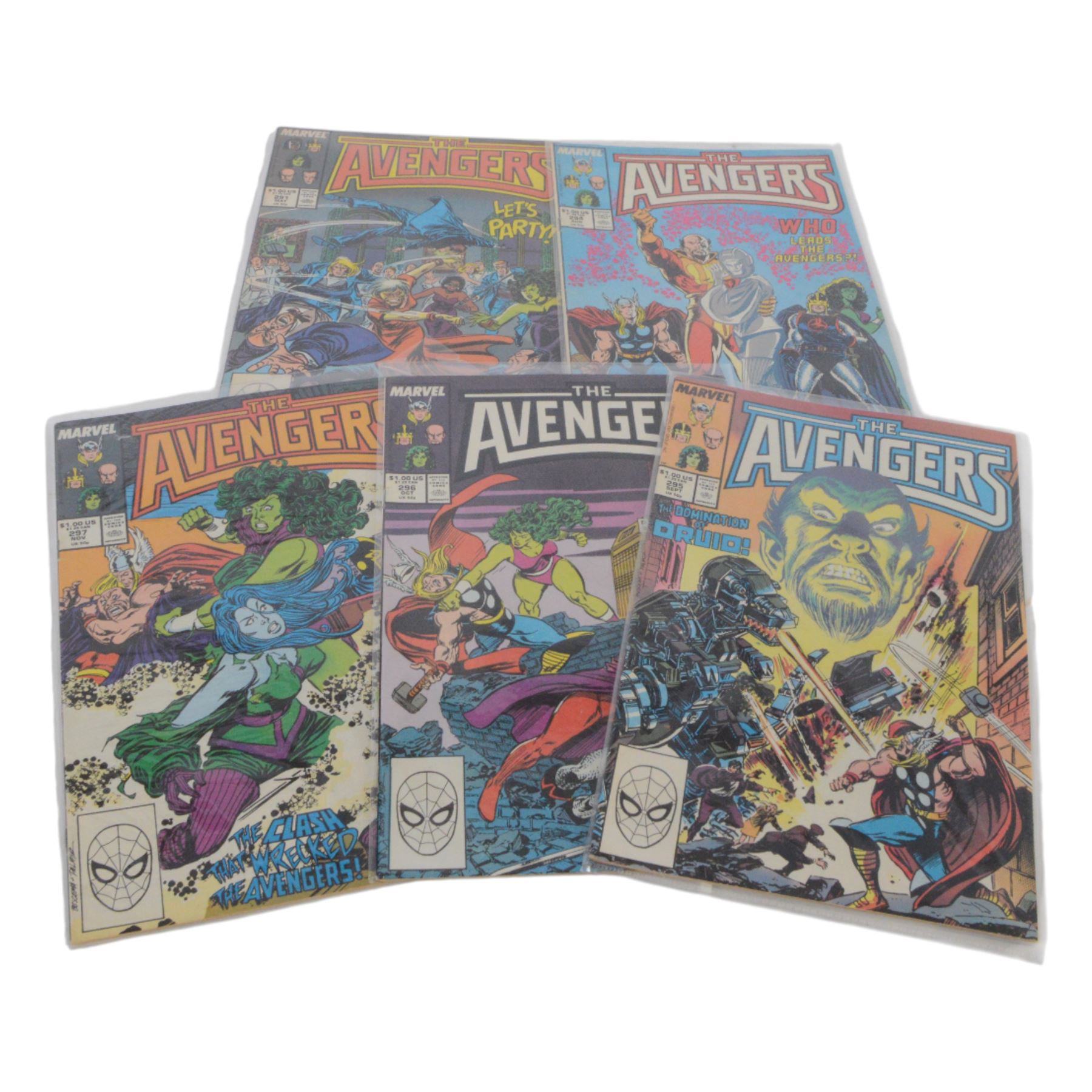 Thirty-five Marvel Bronze Age and later comic books, comprising sixteen 'The Avengers' #263, #274, #275, #276, #277, #278, #279, #281, #283, #285, #289, #291, #294, #295, #296, #297, King Size The Avengers Annual #7, 'Marvel One-Shot Thanos The Final Threat', 'Marvel Premiere Featuring Iron Fist' #24, True Believers 'Wolverine vs Hulk', 'The Thing' #1, four The Invincible Iron Man #59, #63, #71 and #100, eight Marvel Two in One 'The Thing' #2, #6, #11, #12, #18, #46, #50, #62 and #88 and one copy of 'The Sensational She-Hulk #4, mostly bagged