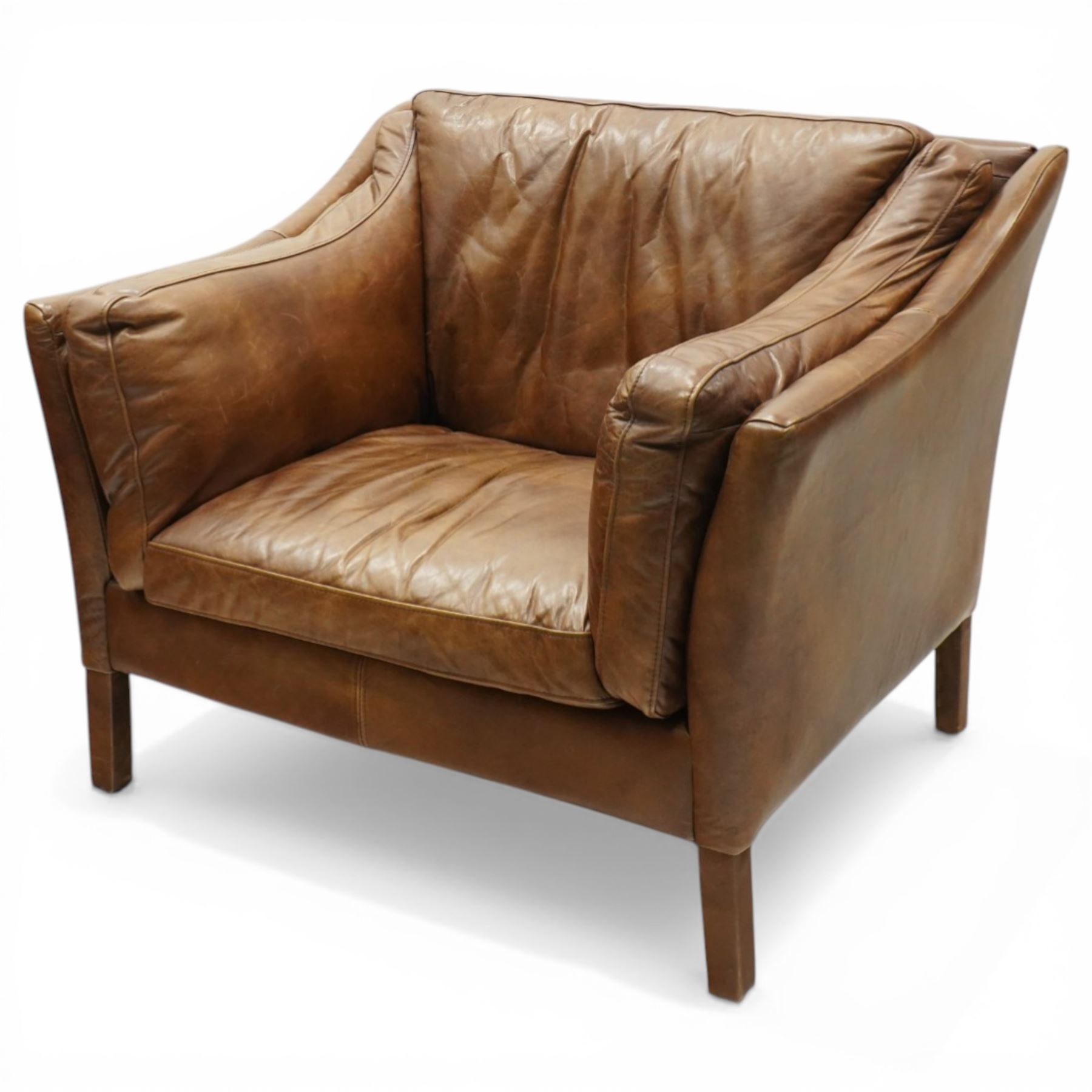 Barker & Stonehouse - 'Dillon' armchair upholstered in brown leather, with stitched back and side cushions, raised on square supports wrapped in leather