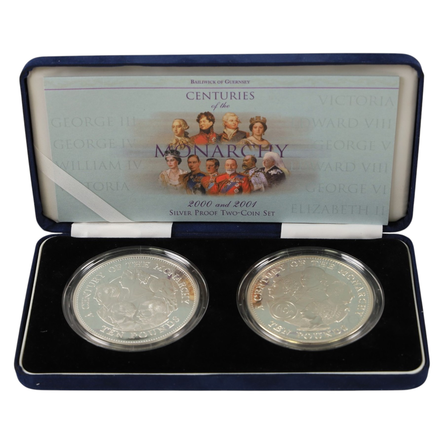 The Royal Mint Guernsey 2000 and 2001 'Centuries of the Monarchy' silver proof set, comprising two five ounce ten pound coins, cased with certificate