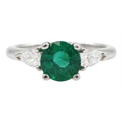 18ct white gold three stone round emerald and pear shaped diamond ring, hallmarked, emerald approx 1.00 carat