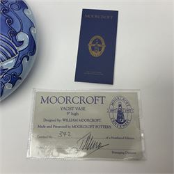 Moorcroft Yacht pattern vase reissued for the centenary, numbered edition 342, with certificate and original box