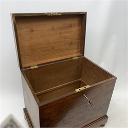 A 19th century mahogany box, with hinged opening cover, raised upon four squat bun feet (a/f), H41.5cm.