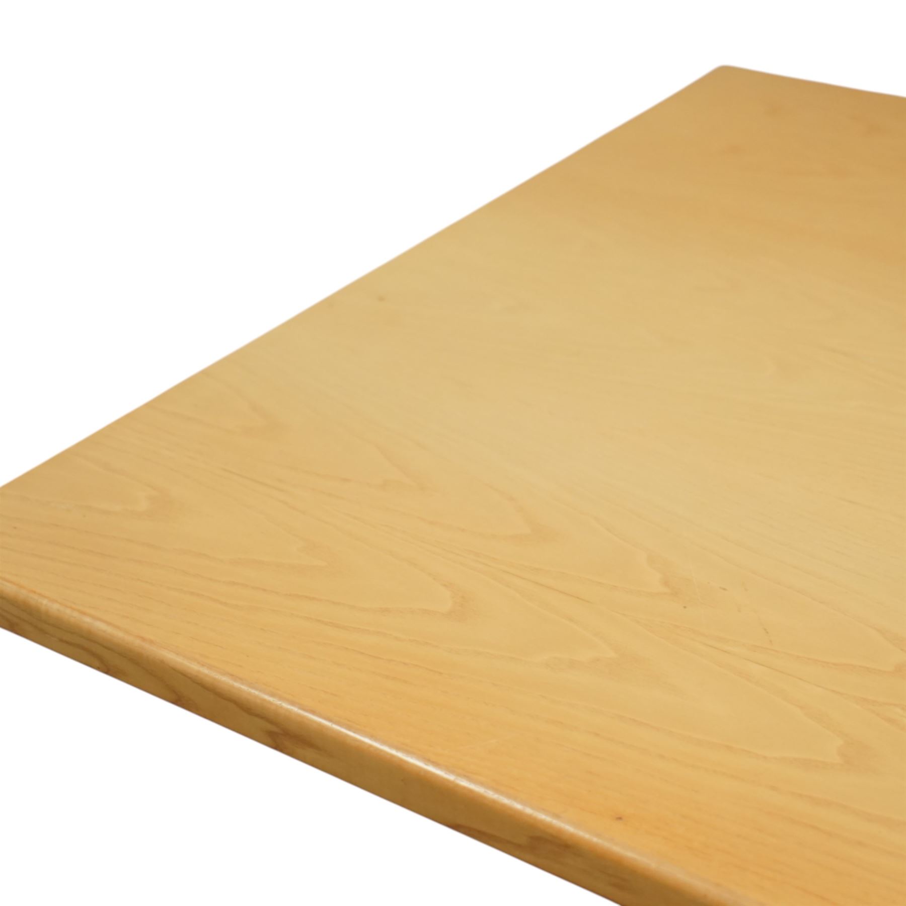 Heals - oak veneered dining table, with rectangular plain-surfaced top on twin slab end supports incorporating central cut-outs