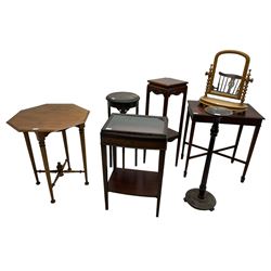 Mahogany vitrine bijouterie cabinet (W47cm, H74cm, D34cm); octagonal centre table; early 20th century plant stand with gadroon moulded top; 20th century carved oak two-tier stand; fluted plant stand; early 20th century mahogany side table; and a Victorian dressing table mirror (7)