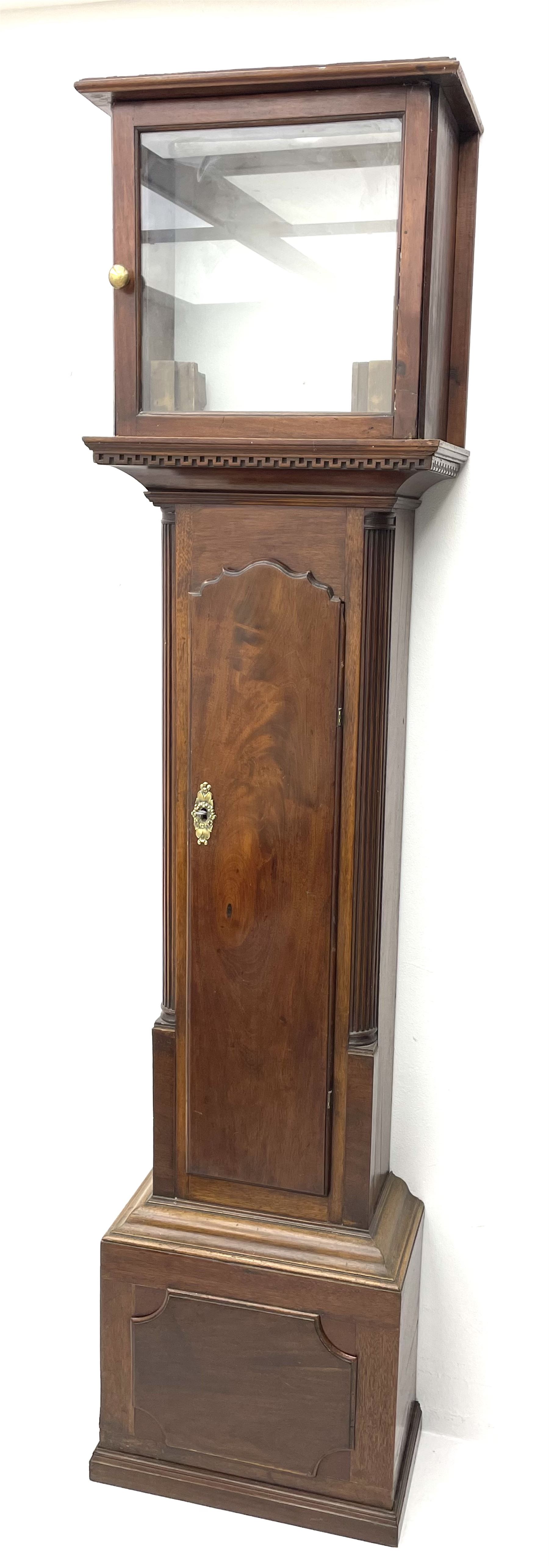 Late 18th century clock movement and dial, square brass dial with Arabic and Roman chapter ring signed 'Thos. (Thomas) Johnston, Dublin', with subsidiary seconds dial and calendar aperture, the dial set with ornate mask cast spandrels, twin train eight day movement striking on bell, with anchor escapement (34.5cm x 34.5cm, 13 1/2