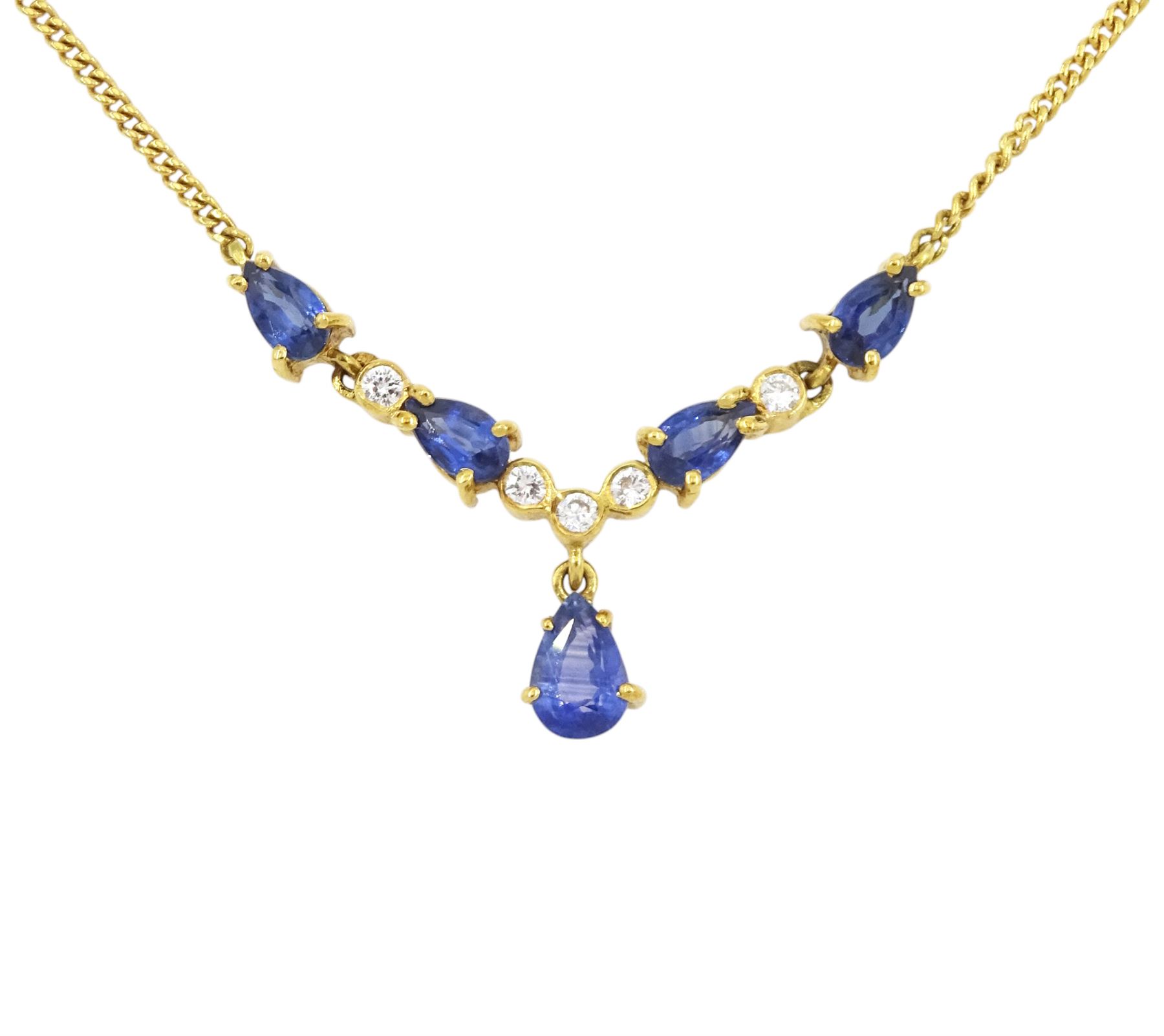 18ct gold pear cut sapphire and round brilliant cut diamond necklace, London import mark 1991, total sapphire weight approx 1.35 carat