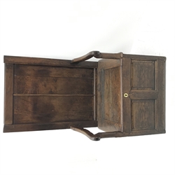 18th century oak box seat settle, panelled back, cresting rail initialled 'T.I', the moulded seat with hinged lid, down swept arms on octagonal faceted supports, fielded panelled base, engraved brass escutcheon initialled again 'T.I', W80cm, H149cm, D59cm