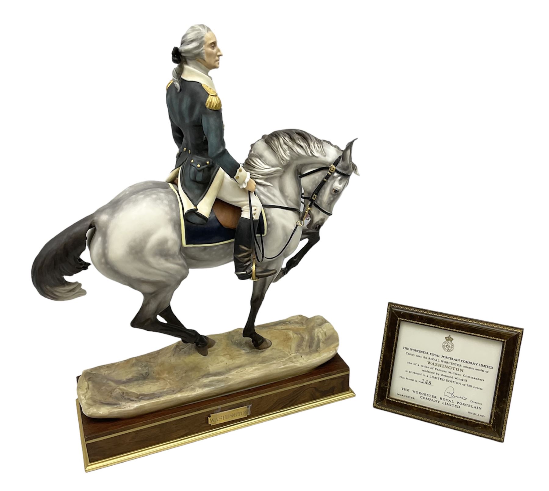 Royal Worcester 'Washington' model by Bernard Winskill, limited edition 148/750, on wooden plinth with title plaque, framed certificate and box