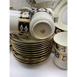Noritake Alden pattern tea and dinner  wares, including five tea cups and saucers, serving platter, 10 side plates of various sizes, six soup bowls, six smaller bowls, a Victorian tea set including twelve cups and saucers, milk jug, twelve side plates, two larger side plates and one bowl, one Noritake platter.    