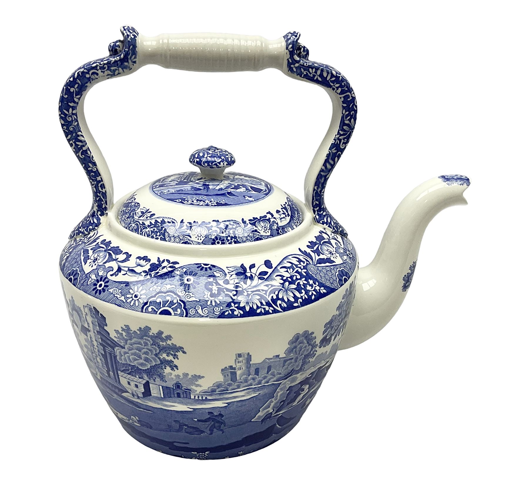 Spode blue and white kettle, decorated in the Italian pattern, with printed mark beneath, H30cm.