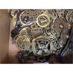 19th century and later horse brasses of various shapes and sizes, some on leather straps
