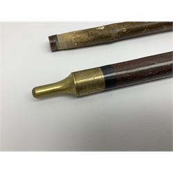 Four wooden walking canes, including a carved mahogany snooker cue example, tallest H86cm