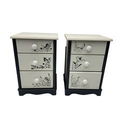 Pair painted bedside chests, fitted with three drawers, in black and white with stencil detail of birds