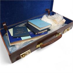 Masonic leather regalia case for De Lacy 4643 Lodge, containing a Masonic apron, By-Laws and Constitutions, gloves and cufflinks etc, with the original Toye, Kenning & Spencer Ltd box, together with three silver cycling medallions, brooch and silver plated cigarette case engraved with a map of India