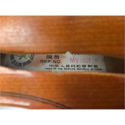 Stentor Student I quarter size cello with 59.5cm two-piece maple back and ribs and spruce top; bears maker's label with serial no.M072637 L96cm overall; together with a damaged Chinese three-quarter size violin in Stentor case (2)