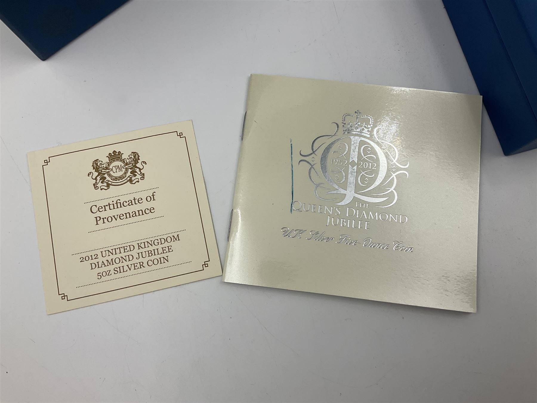 The Royal Mint United Kingdom 2012 'The Queen's Diamond Jubilee' fine silver proof five ounce ten pounds coin, numbered 607 of a limited mintage of 1952, cased with certificate