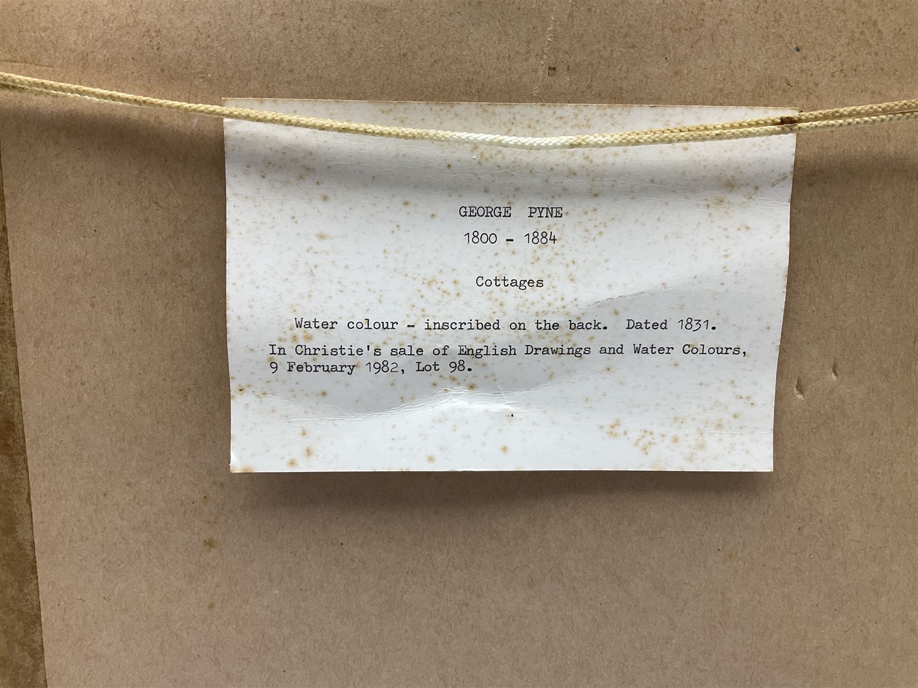 George Pyne (British 1800-1884): 'Cottages', watercolour inscribed and dated 1931 verso 25cm x 18cm
Provenance: purchased from Christies 1982