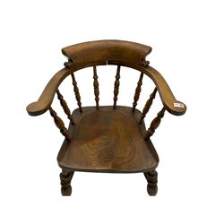 19th century beech smoker's bow armchair, turned balustrade back with dished elm seat, turned supports with double H-stretcher base