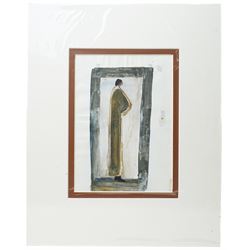 Ivan Peries (Sri Lankan 1921-1988 - Columbo '43 Group): Standing Man, watercolour on paper signed with initials and dated '82, 29cm x 19cm (unframed) 
Notes: Ivan Peries was a founding member of the '43 group, a 20th century modern art group in Columbo (previously British Ceylon) in the mid-20th century. This picture was part of a large series of similar works produced by Peries and begun in 1982, they are all dated '82 regardless of the production date in order to preserve continuity. The V&A museums contains three very similar works part of this series. 
Provenance: The vendor was a very close friend of the artist and his family. These works were acquired from the wife of the artist - Veronica Peries, during the time she lived at Southend on Sea - UK. 