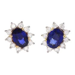 Pair of 18ct gold oval cut sapphire and round brilliant cut diamond cluster stud earrings, total sapphire weight approx 1.90 carat, total diamond weight approx 0.60 carat