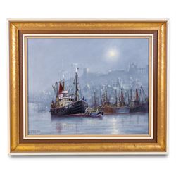 Jack Rigg (British 1927-2023): 'Welcome Break' - Misty Whitby Harbour, oil on canvas board signed and dated 1989, titled verso 39cm x 49cm