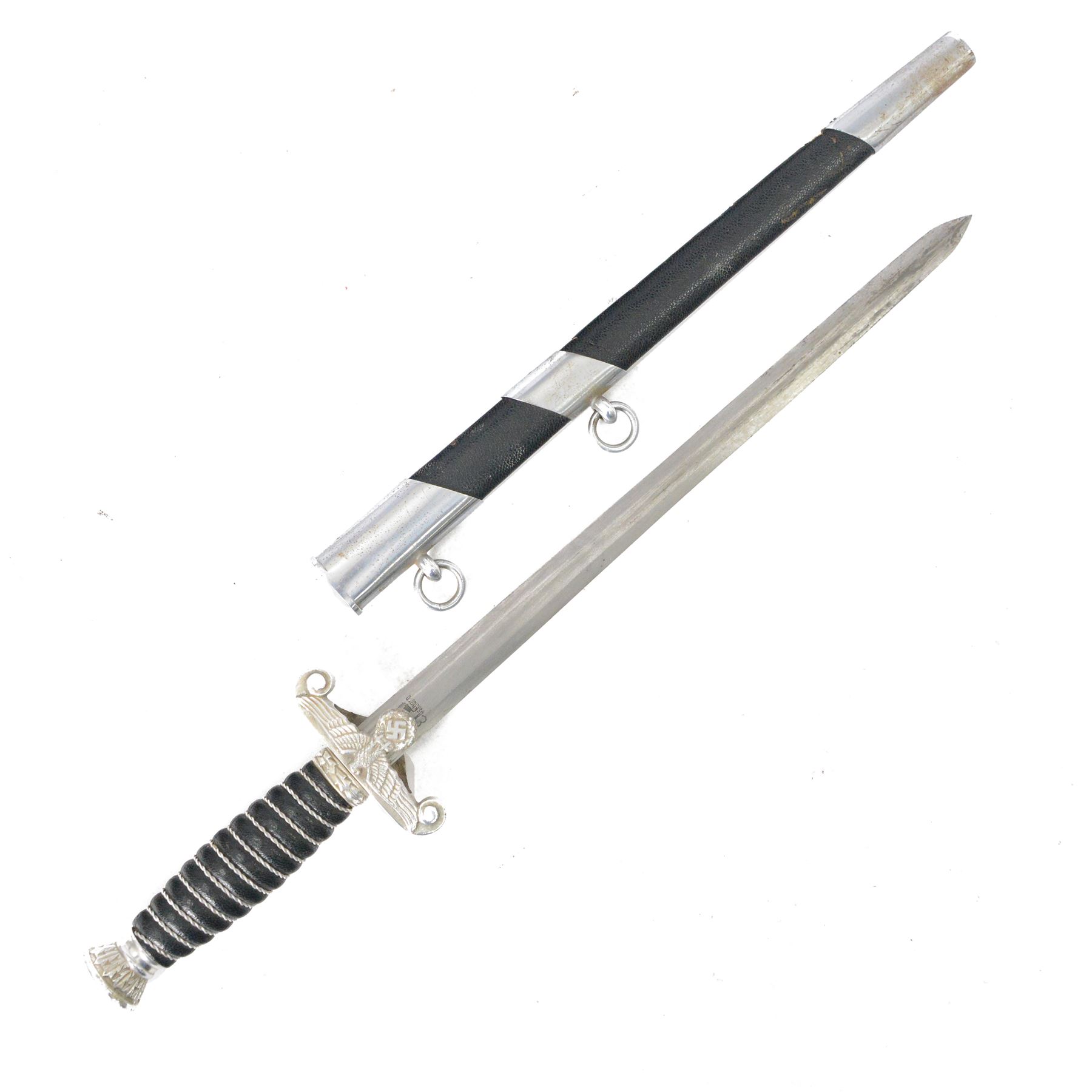 WWII German Third Reich Land Customs Officers dagger, the L30cm double edged blade stamped to the ricasso  Eickhorn Solingen, wire bound leather grip with laurel pommel, eagle and swastika crossguard, in leather scabbard with white metal mounts, overall L41cm